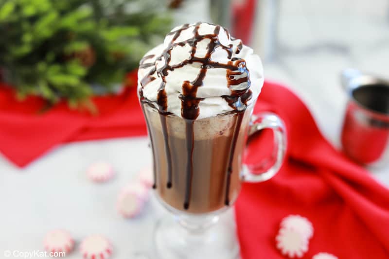 homemade McDonald's peppermint mocha in a glass coffee mug.