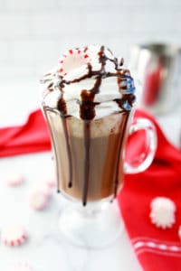 homemade McDonald's Peppermint mocha topped with whipped cream and chocolate syrup.
