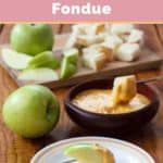 cheddar cheese fondue, apple slices, and bread cubes.