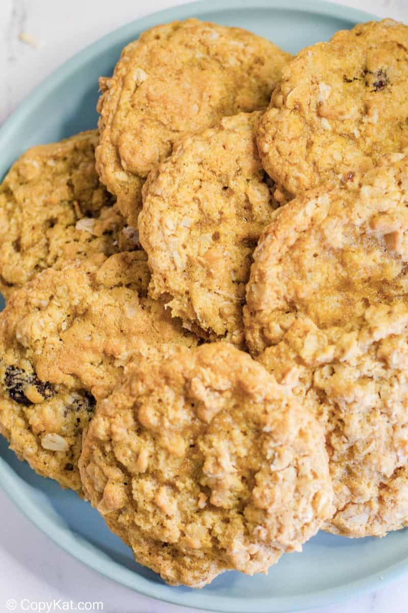 overhead view of oatmeal raisin cookies on a plate.