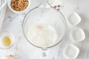 oatmeal raisin cookie dough dry ingredients in a mixing bowl.