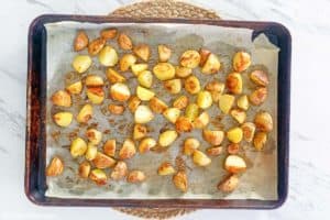 roasted potatoes on a baking sheet.