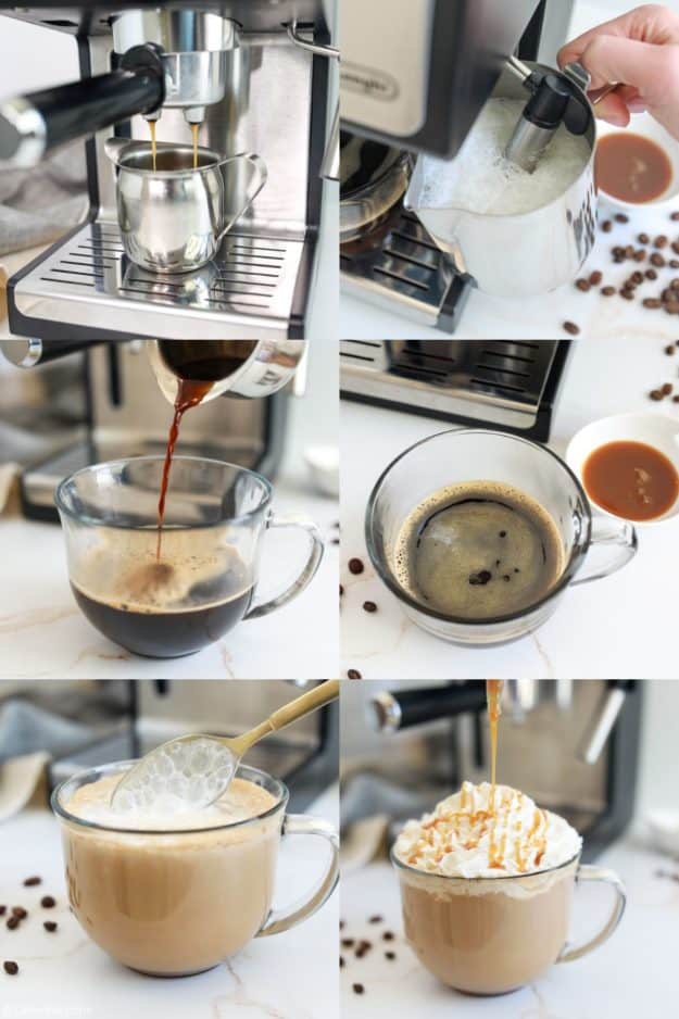 collage of Starbucks caramel latte recipe steps.