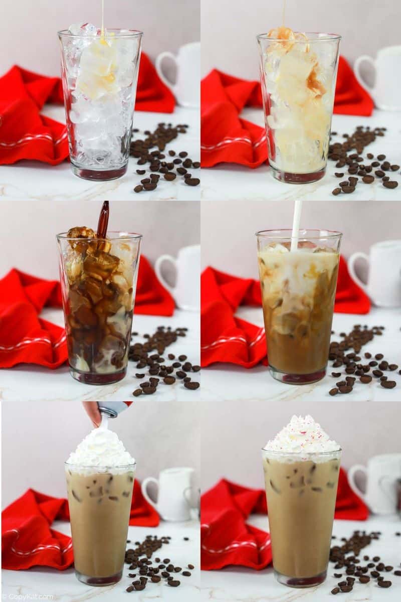 Starbucks iced toasted white chocolate mocha recipe steps photo collage.