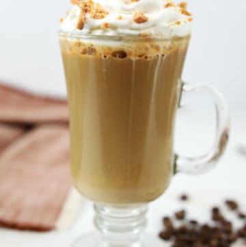 homemade Starbucks smoked butterscotch latte in a glass coffee mug.