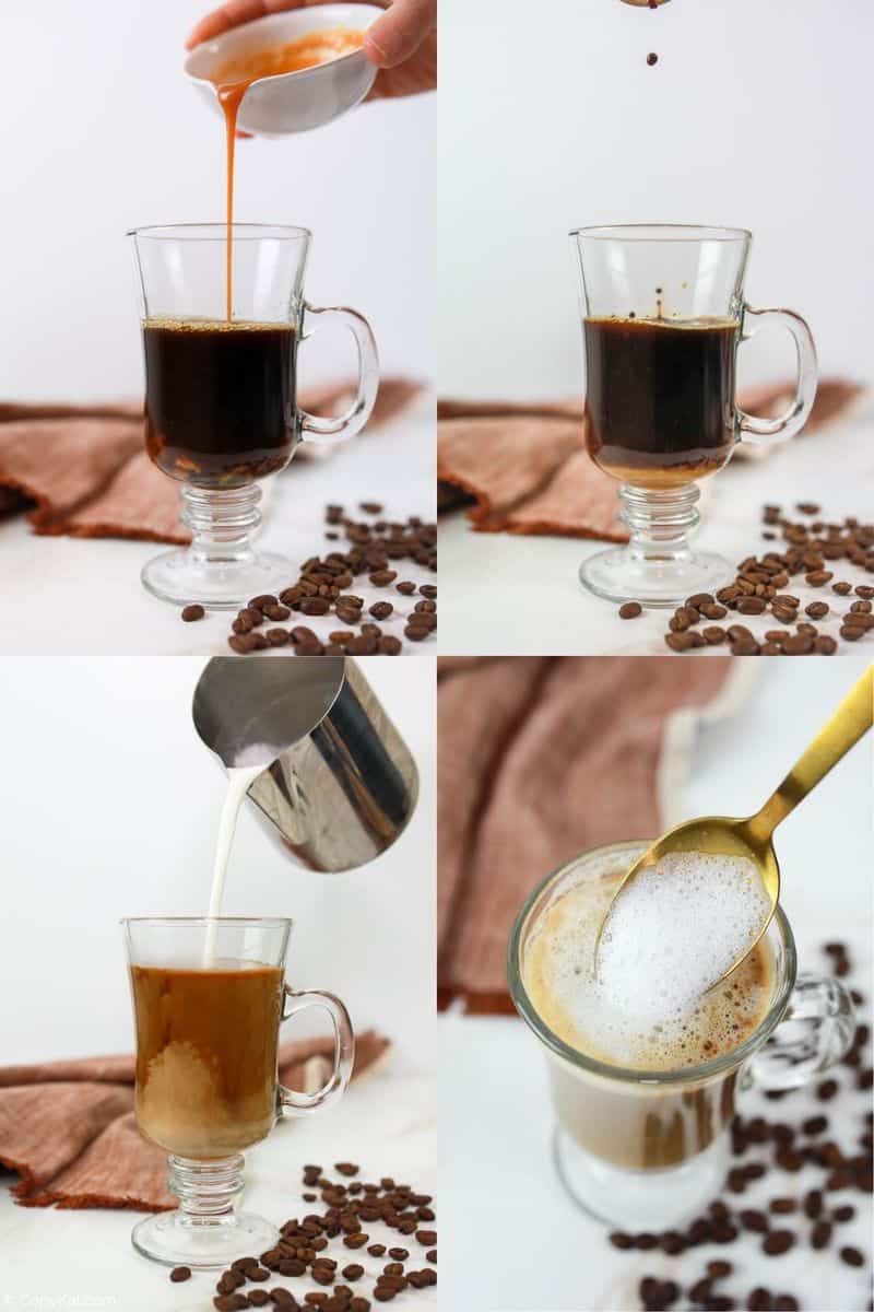 collage of Starbucks smoked butterscotch latte recipe steps.