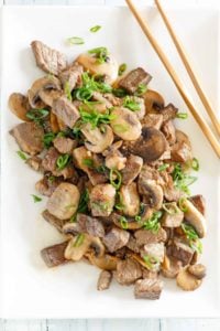 overhead view of homemade Benihana Hibachi Steak on a platter.