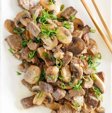 overhead view of homemade Benihana Hibachi Steak on a platter.