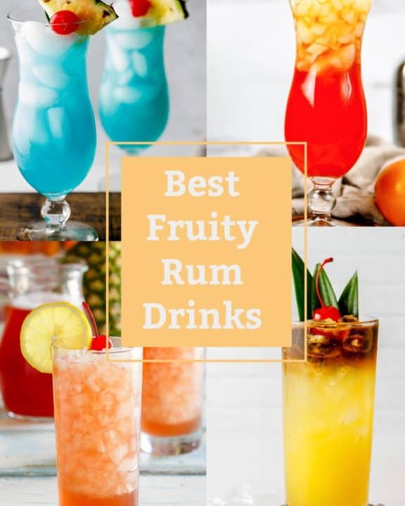 collage of four fruity rum drinks.