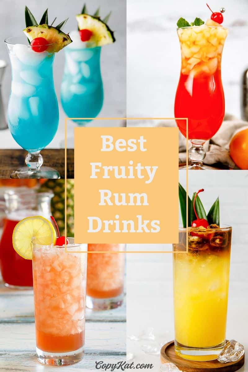 collage of four fruity rum drinks.