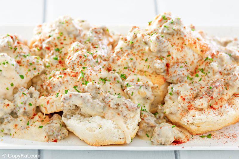 homemade Bob Evans sausage gravy on top of biscuits.