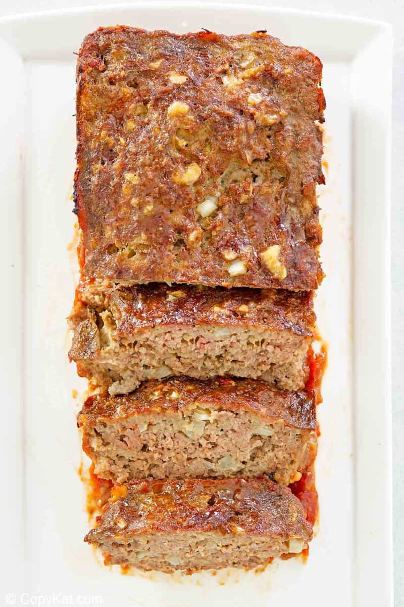 overhead view of brown sugar meatloaf on a platter.