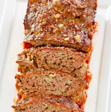 brown sugar meatloaf on a rectangular platter.