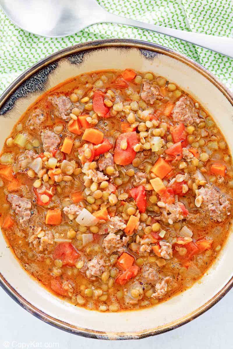 overhead view of homemade Carrabba's sausage lentil soup.