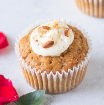 carrot cake cupcake with cream cheese frosting.