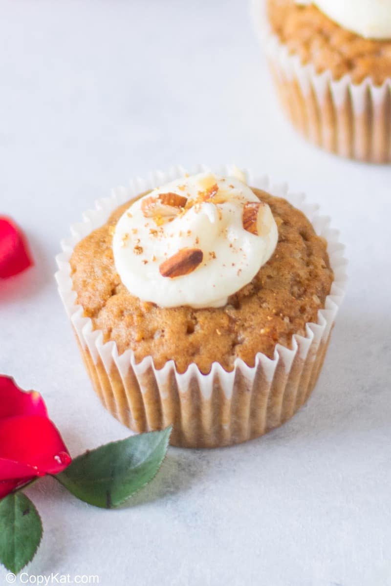 carrot cake cupcake with cream cheese frosting.