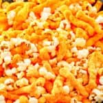 overhead view of homemade Cheetos popcorn in a bowl.