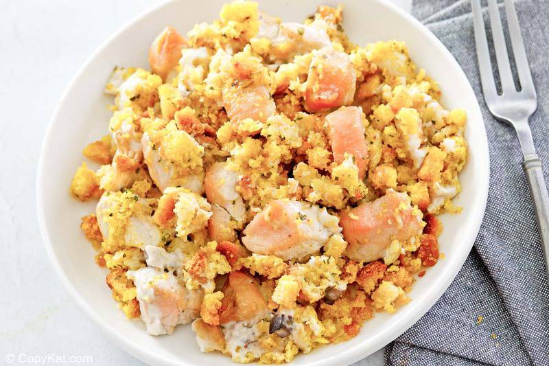 chicken and dressing casserole on a plate.