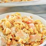chicken and dressing casserole serving on a plate.