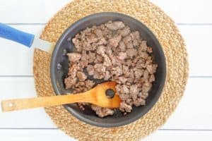 browned Bob Evans breakfast sausage in a skillet.