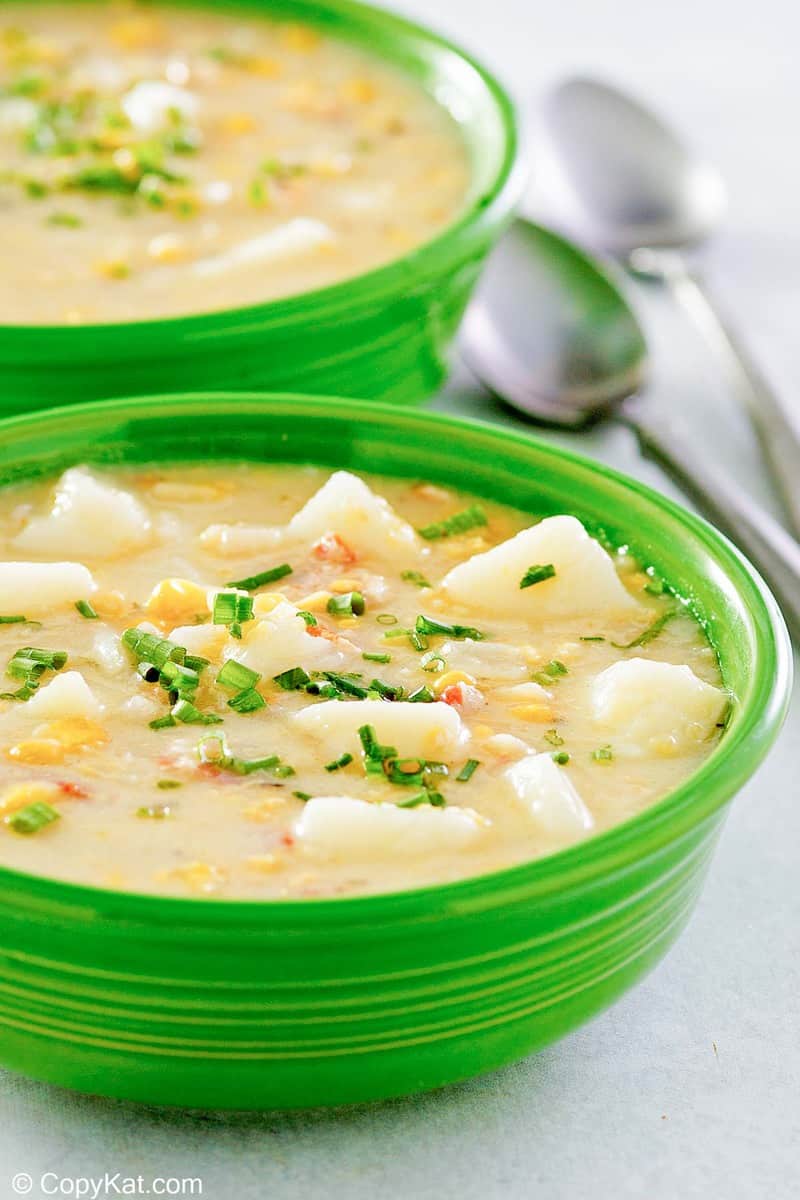 closeup of corn chowder in a bowl.