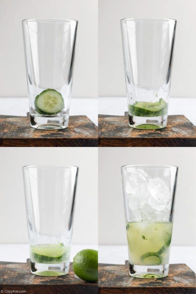 collage of cucumber gin cocktail recipe steps.