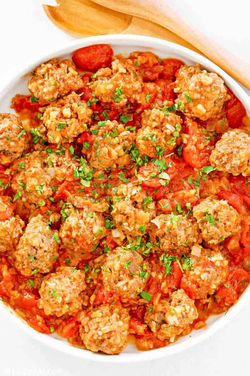 overhead view of porcupine meatballs in a bowl.