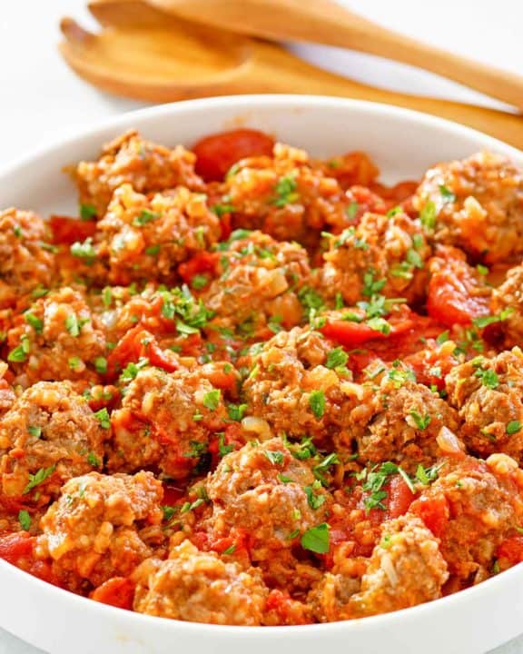 porcupine meatballs in a bowl.