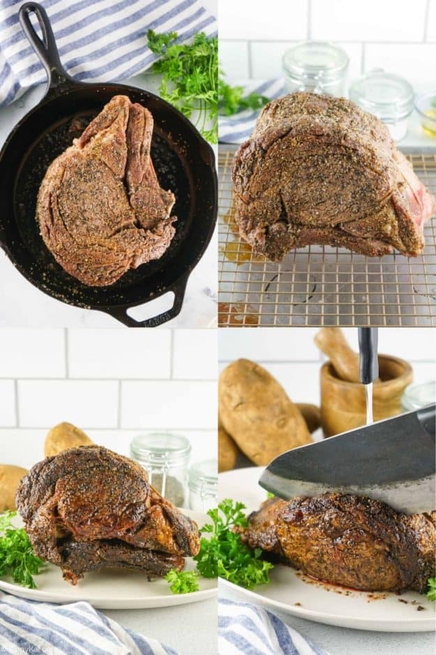 collage of prime rib ribeye roast recipe steps 5 to 8.