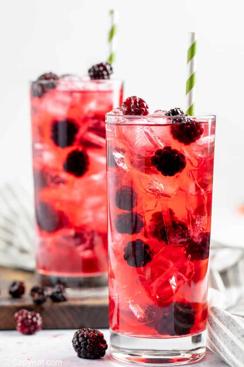 two glasses of homemade Starbucks very berry hibiscus refresher drink