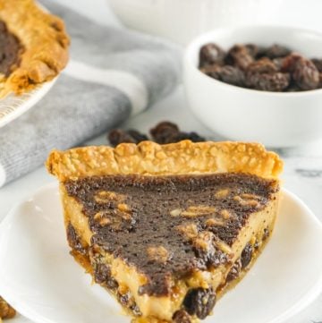 a slice of chess pie with nuts and raisins.