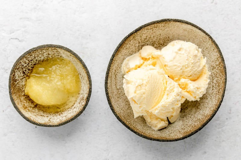 Chick Fil A frosted lemonade ingredients in bowls.