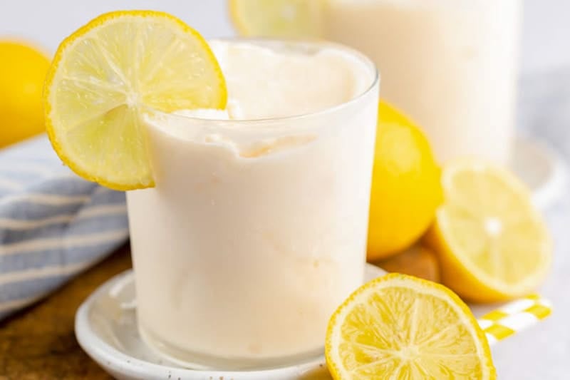 a glass of homemade Chick Fil A frosted lemonade.