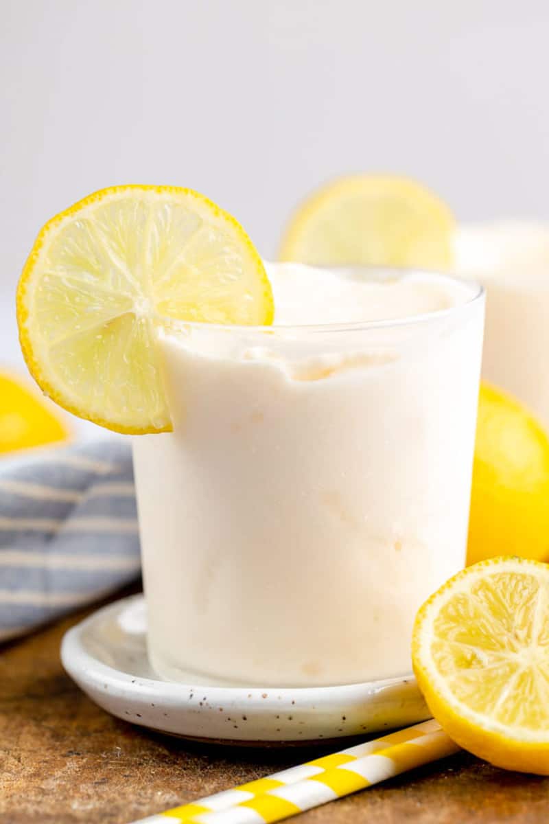 homemade Chick Fil A frosted lemonade on a coaster.