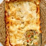 overhead view of chicken pot pie made with pie crust and frozen vegetables.