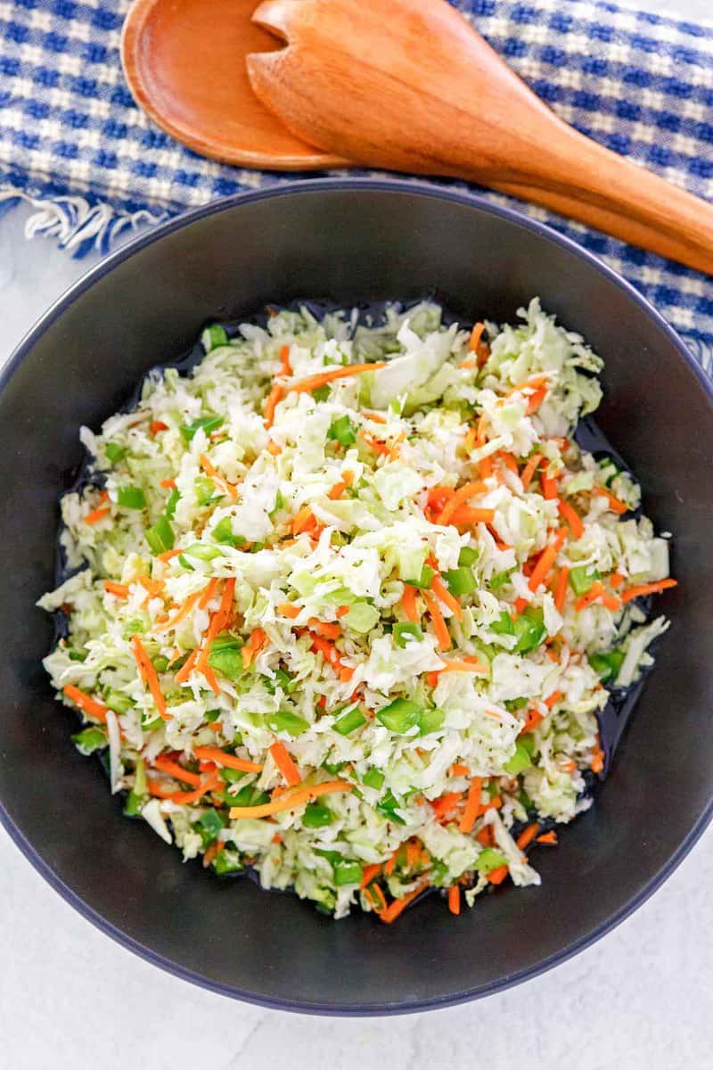 overhead view of freezer slaw in a bowl.