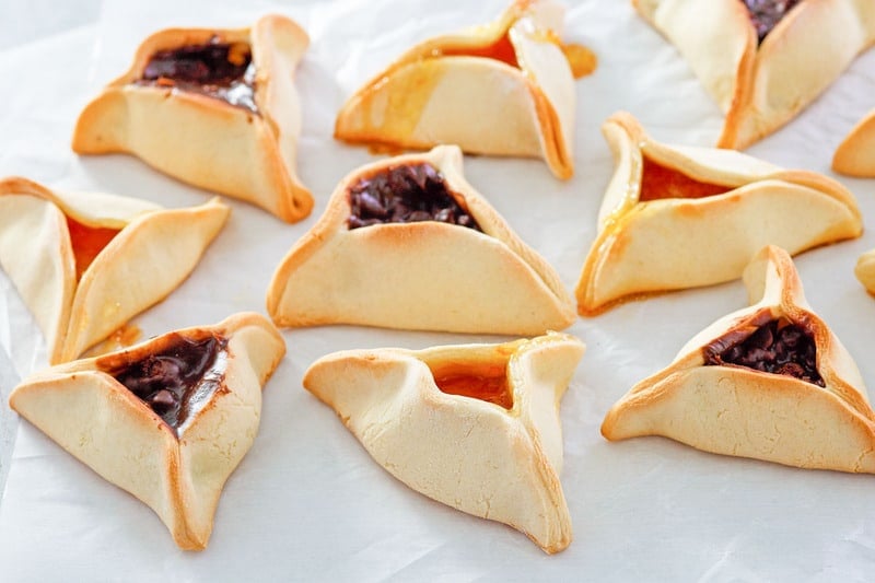 apricot and chocolate Hamentashen cookies.