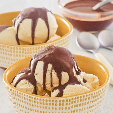 homemade chocolate magic shell on vanilla ice cream and in a bowl.