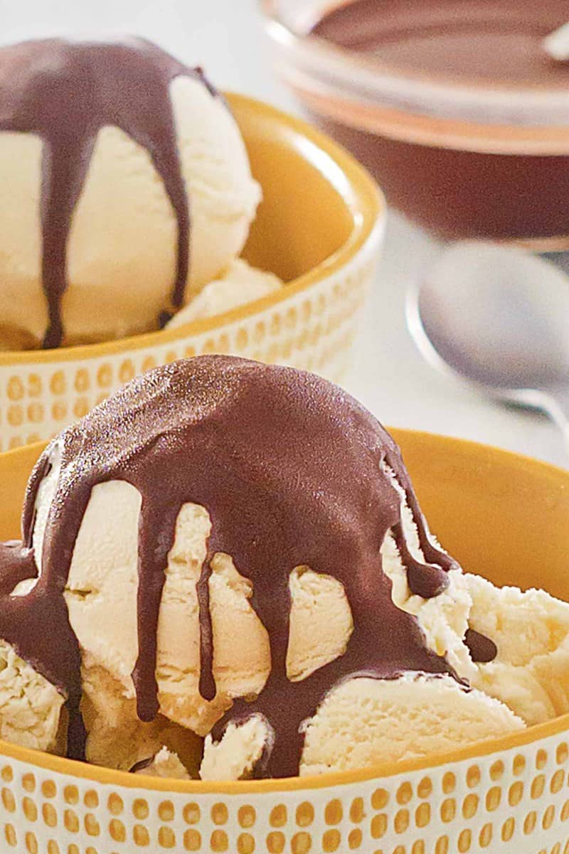 homemade chocolate magic shell on vanilla ice cream.