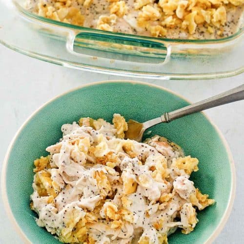 poppy seed chicken casserole in a bowl and baking dish.