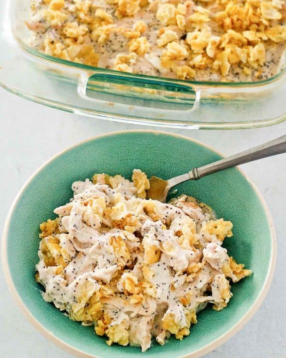 poppy seed chicken casserole in a bowl and baking dish.