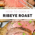 collage of a ribeye roast when slicing and sliced.