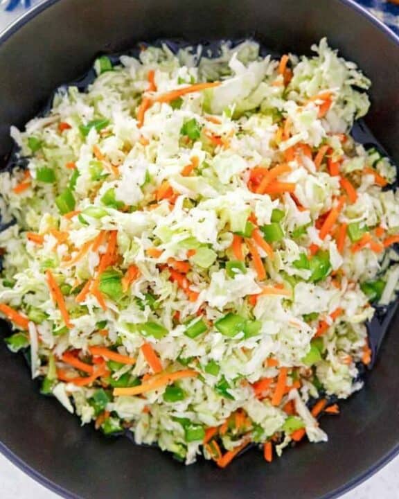 overhead view of freezer slaw in a bowl.