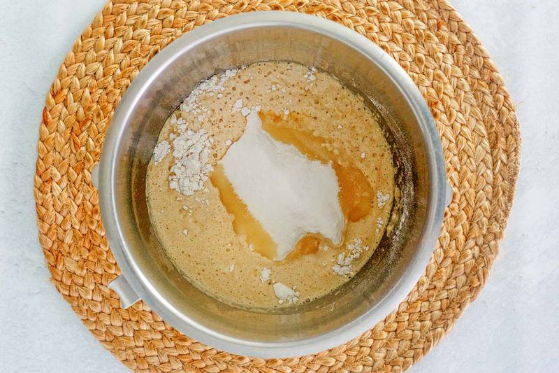 beer bread ingredients in a mixing bowl.