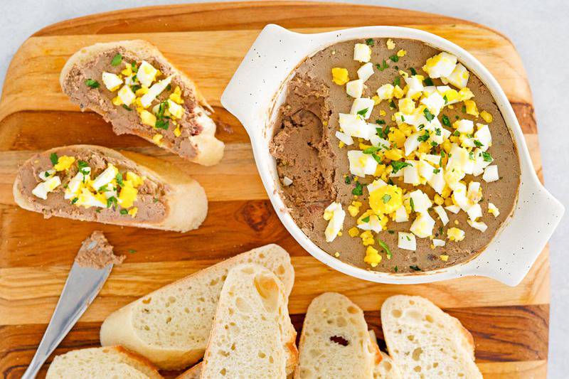chicken liver pate topped with chopped egg.