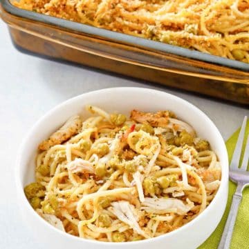 chicken tetrazzini in a bowl and baking dish.