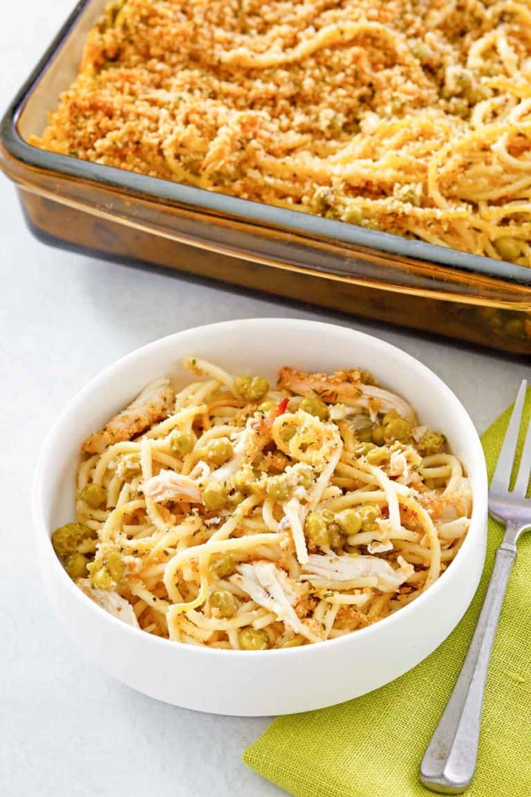 chicken tetrazzini in a bowl and baking dish.