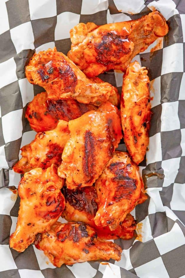 overhead view of grilled buffalo wings.