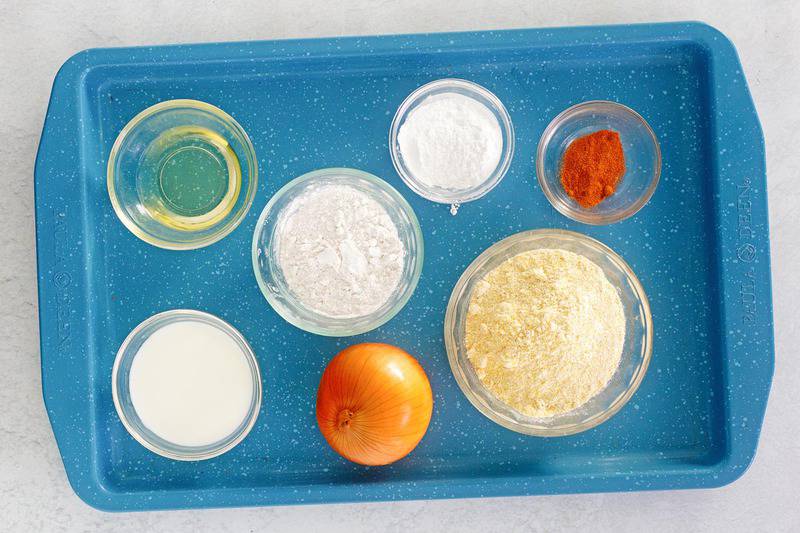 hush puppies ingredients on a tray.