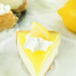 homemade Marie Callender's lemon cream cheese pie slice on a plate.